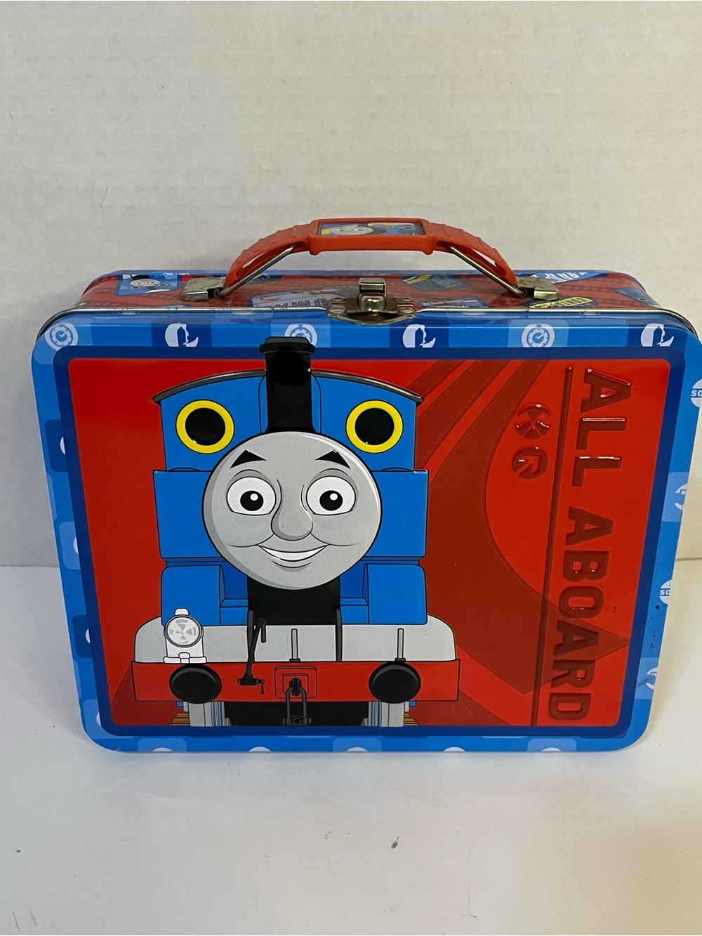 2010 Thomas & Friends Blue and Red Metal Lunchbox - All Aboard Design